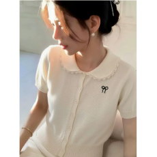 批发已出货娃娃领短袖<b class='q'>针织</b><b class='q'>开衫</b>女2026夏季新款温柔风蝴蝶结百搭上衣