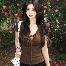 批发【官图 40支<b class='q'>纯棉</b>罗纹210克1*1】纯欲时尚辣妹花边系带短袖<b class='q'>T</b><b class='q'>恤</b>