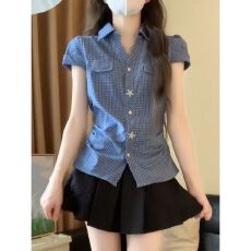 批发【官图 原版<b class='q'>条纹</b><b class='q'>衬衫</b>布】夏季新款掐腰修身显瘦百搭<b class='q'>衬衫</b>上衣女
