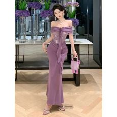批发带胸垫 法式<b class='q'>复古</b>温柔风晚礼服显瘦收腰拼接设计感小众高级感长裙