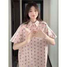 批发粉色星星印花 Polo 领短袖<b class='q'>T</b><b class='q'>恤</b>女夏季韩系休闲风宽松显瘦<b class='q'>百搭</b>上衣