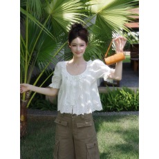 批发谢不肉 花边白色镂空泡泡袖<b class='q'>T</b><b class='q'>恤</b>女夏季荷叶边小衫