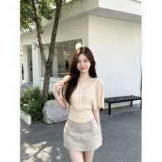 批发温柔风u领针织短袖T恤女夏季外穿修身收腰显瘦开衫辣妹纯色短上衣
