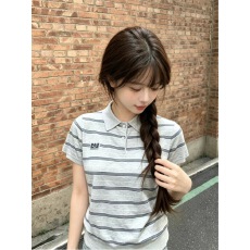美式条纹刺绣polo领针织衫短袖t恤女夏季修身显瘦学院风短款上衣