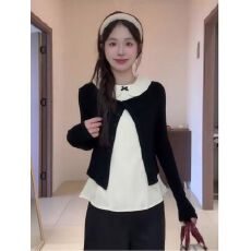 批发韩系白衬衫黑色短款长袖针织开衫两件套女温柔风小个子叠穿套装