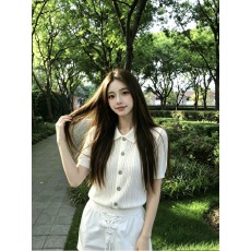 批发复古翻领上衣女2026夏季新款时尚针织镂空polo领短袖薄款外穿开衫
