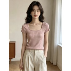 批发方领系带简约针织衫女夏季新款薄款露背修身短袖锁骨外穿<b class='q'>甜美</b>上衣