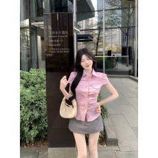 批发韩系掐腰肌理感条纹口袋衬衫正肩短袖打底修身显瘦气质上衣女小衫