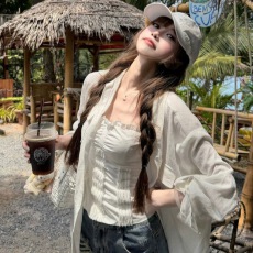 批发老钱风松弛感仿亚麻白色衬衫上衣女法式极简天丝微透轻薄防晒外套