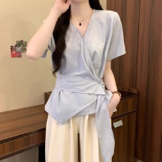 短袖衬衫女2026年夏季新款爆款法式开衫V领小收腰不规则绑带上衣