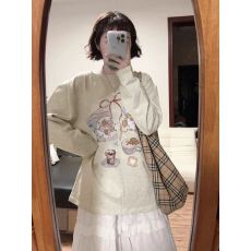 批发2026秋季21支纯棉-210克纯棉<b class='q'>秋装</b>长袖T恤女宽松上衣印花