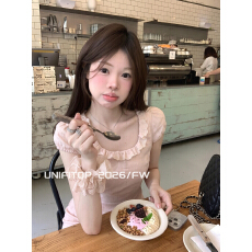 批发沙棉平纹甜美风花边短袖衬衫<b class='q'>女</b>夏季<b class='q'>新款</b>韩系设计感收腰显瘦小上衣