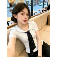 韩系学院风白翻领上衣女可拆卸黑点领带修身显瘦短款短袖小衫