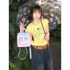 批发小众黄色正肩短袖女T恤夏新款多巴胺小个子穿搭修身上衣