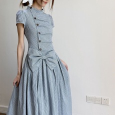 批发复古格纹中领<b class='q'>连衣裙</b>女夏季短袖收腰大蝴蝶结<b class='q'>棉布</b>长裙