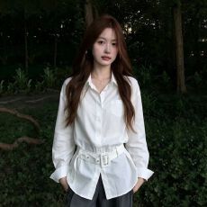 批发长袖衬衫女早秋韩系腰带收腰显瘦翻领单口袋<b class='q'>通勤</b>气质衬衣上衣