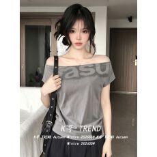 批发美式复古辣妹风印花不对称一字肩短袖T恤夏季<b class='q'>新款</b>宽松上衣女