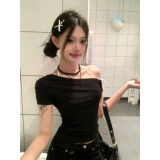 批发美式复古辣妹风不对称设计感小众短袖绑带T恤夏季<b class='q'>新款</b>上衣女