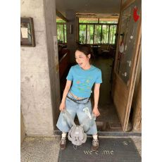 批发韩系简约学院风印花正肩短袖T恤夏季<b class='q'>新款</b>显瘦百搭高级感上衣女