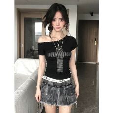 批发美式复古辣妹风印花正肩短袖T恤夏季<b class='q'>新款</b>显瘦百搭上衣女