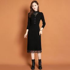 批发春秋针织显瘦<b class='q'>连衣裙</b>女时尚百搭打底毛衣裙长款过膝拼接<b class='q'>蕾丝</b>裙