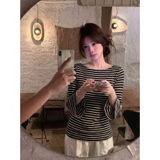 批发32支纯棉拉架条纹小喇叭<b class='q'>中袖</b>船领显瘦百搭通勤设计感上衣
