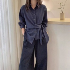 批发设计感收腰法式全棉<b class='q'>衬衫</b>女<b class='q'>长袖</b>秋季新款大码胖mm宽松显瘦遮肚上衣