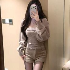 批发两件套韩系辣妹风时尚套装女秋冬新款气质吊带<b class='q'>长袖</b>宽松针织披肩