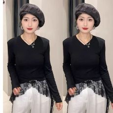批发辣妹风vl领长袖女2026<b class='q'>春</b>新下摆拼接设计感修身上衣
