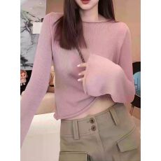 批发韩版高级感卷边喇叭袖<b class='q'>打底</b>衫女装春秋新款慵懒风百搭显瘦内搭罩
