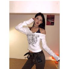 批发假两件系带涂鸦印花长袖T恤女<b class='q'>打底</b>衫<b class='q'>上衣</b> 2026秋季新款 减龄