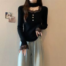 批发秋冬季韩版<b class='q'>镂空</b>挂脖纯欲蕾丝拼接针织衫长袖女 上新款 松弛感
