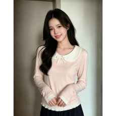 批发【官图 罗纹德绒240克1*1】法式<b class='q'>甜美</b>可爱少女娃娃领内搭长袖T恤
