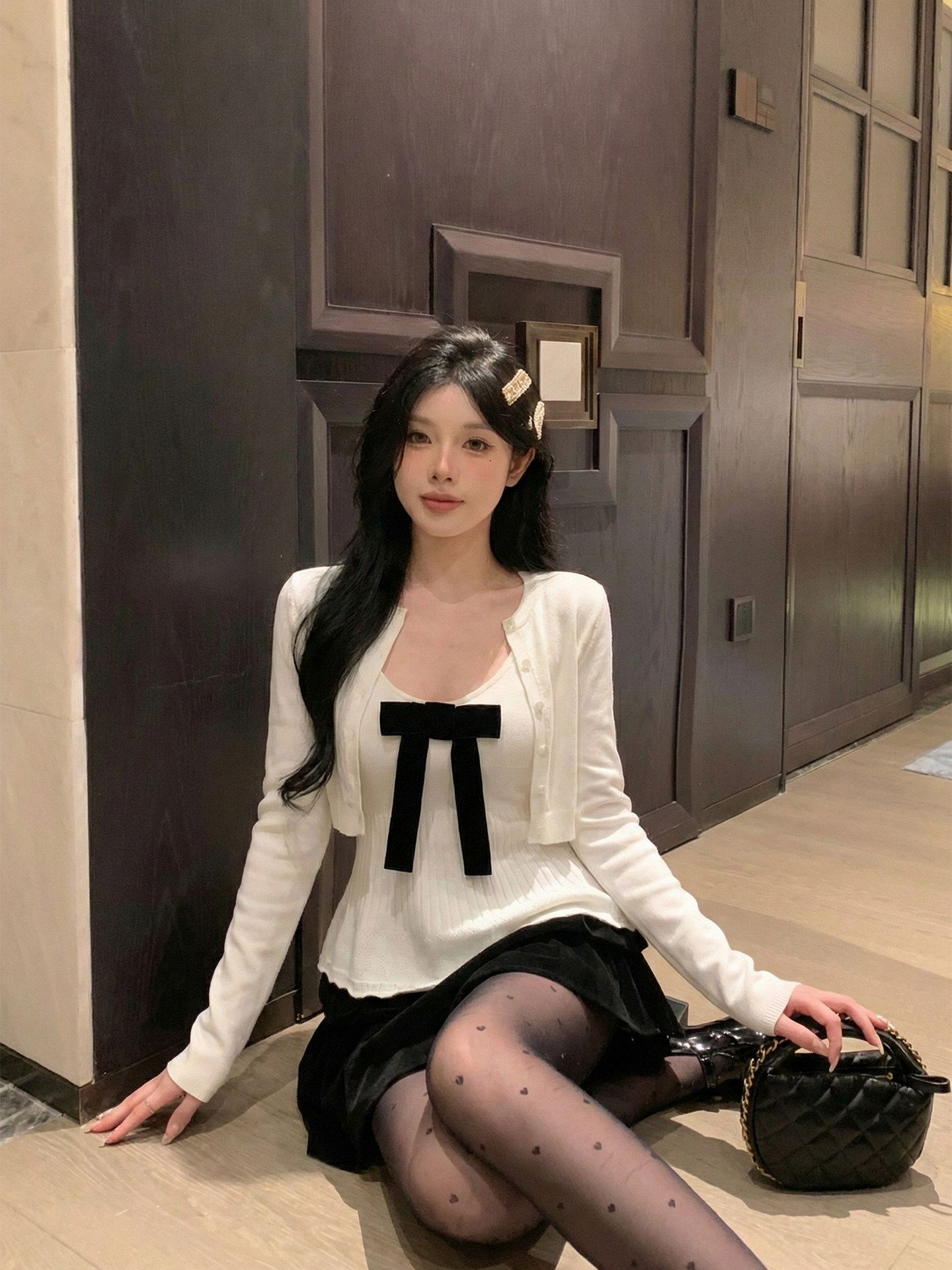 RY9142# 白色长袖针织开衫女甜美风蝴蝶结吊带背心上衣两件套