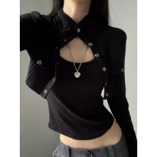 批发韩系穿搭<b class='q'>套装</b>女早秋季小个子休闲杏色针织开衫背心内搭上衣两件套