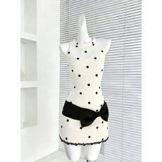 批发画解WAHJU 情绪波点 早春复古甜酷<b class='q'>黑白</b>拼接设计蝴蝶结波点<b class='q'>连衣裙</b>