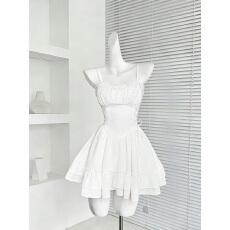 批发Q女家 淡颜小白花/春日初恋裙白色收腰吊带<b class='q'>连衣裙</b>韩系初恋小白裙