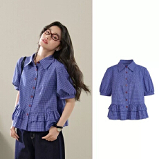批发蓝色格子短袖衬衫2026夏季新款爆款系穿荷叶衬衣上衣短款