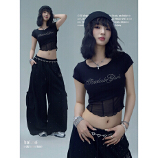 批发街舞潮牌辣妹<b class='q'>网纱</b>拼接夏季修身短袖性感爵士亲肤跳舞<b class='q'>上衣</b>潮