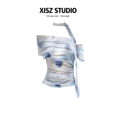 批发韩系设计感晕染<b class='q'>花朵</b>斜肩<b class='q'>T</b><b class='q'>恤</b>女夏季复古辣妹修身显瘦褶皱薄款上衣