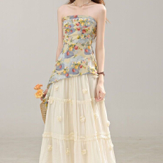 批发复古少女风不规则收腰花色碎花双层抹胸女<b class='q'>夏</b>季春日淑女印花小衫