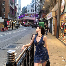 批发复古法式深v领背心连衣裙女春季蓝色印花无袖裙子收腰吊带a字短裙