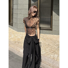 批发美式复古辣妹豹纹印花短袖T恤女夏季<b class='q'>欧美风</b>修身显瘦打底上衣