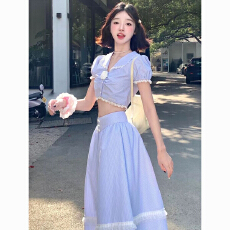 批发两件套法式油画感小众优雅花边短袖短款衬衫蕾丝边长款<b class='q'>半身</b>裙套装