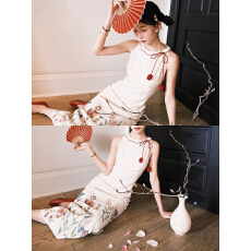 批发印花棉麻无袖<b class='q'>连衣裙</b>女夏季新款可拆卸红花朵中式改良气质显瘦长裙