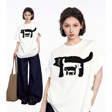 批发国潮百搭oversize韩版港风涂鸦印花显瘦短袖女新款纯棉慵懒T恤衫