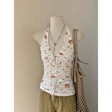 批发纯欲甜辣印花挂脖吊带背心夏季蝴蝶结上