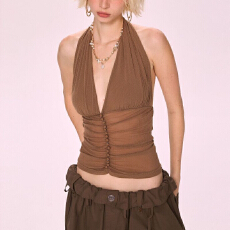 批发2026韩版卡其色网纱v领吊带背心内搭女夏秋设计感小众无袖<b class='q'>上衣</b>