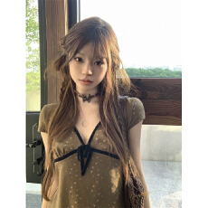 批发美式复古印花V领蝴蝶结连衣裙女夏季2026新款辣妹小个子短款a字裙