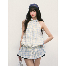 批发高级感无袖格子挂脖连衣裙女2026夏季新款法式辣妹纯欲风背心裙子